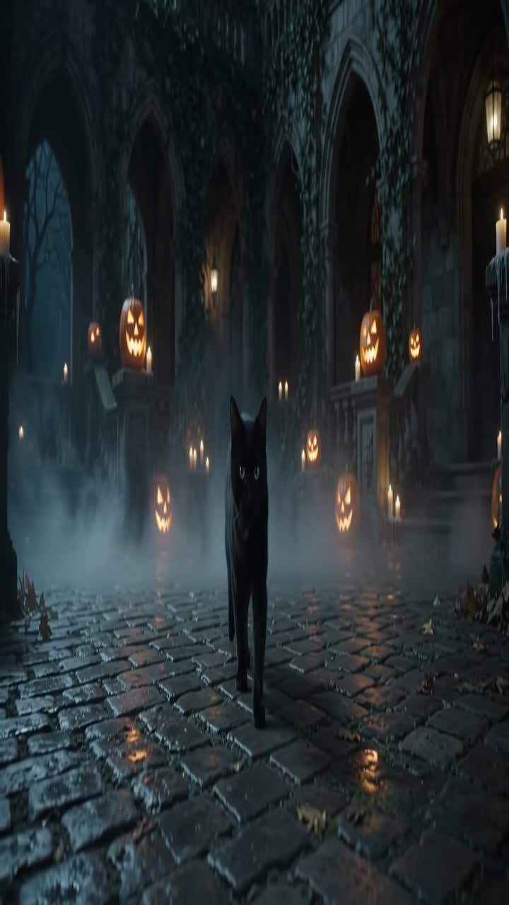 Close-up of a black cat in a cinematic Halloween scene
